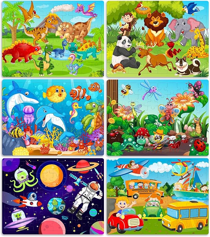 Roberly Wooden Puzzles for Kids Ages 4-8, 60 Pieces Jigsaw for Kids 3 4 5 6 7 8 Preschool Learning Educational Puzzle Toys Set for Boys Girls - Dinosaur, Ocean, Animal, Insect, Space, Vehicles