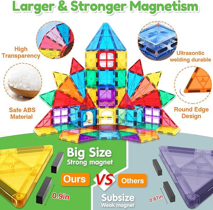 Magnetic Tiles,100PCS Magnet Building Blocks for Kids Educational Magnetic Blocks Sensory Toys Montessori Stacking Gift for 3 4 5 6 7 Year Old Boys Girls Construction STEM Toys Set with 2 Cars