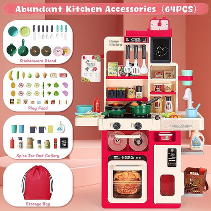 Kids Kitchen Playset, Easface Play Kitchen for Toddlers 1-3 with Sound and Light, Cooking Stove with Steam, Play Sink and Toy Kitchen Accessories Pretend Kitchen Toys for Girls Boys 3-5 (Red)