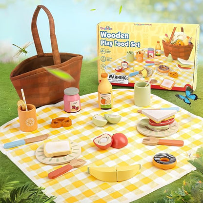 Dreamon Wooden Play Food Set - 22 Pcs Play Food Sets for Kids Kitchen with Carry Basket,Pretend Food for Toddlers,Cutting Food Toys for Toddlers for 3+ Year Old Boys and Girls Gifts