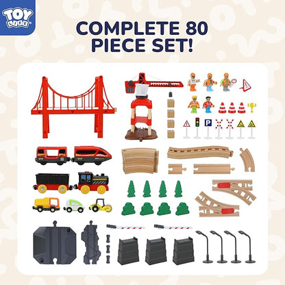 TOY Life Train Set 80pcs Train Toys with Crane & Locomotive Train, Train Set for Kids 4-8, Wooden Train Tracks Toy Train Set for Toddlers 3 4 5, Kids Train Set Gift Toy Fits Thomas, Brio Tracks