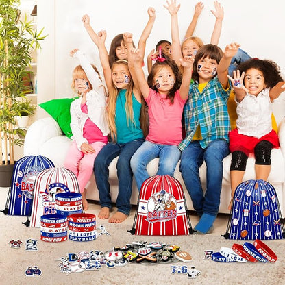 110 Pcs Baseball Party Favors Drawstring Bags with Keychains Silicone Bracelets Stickers Baseball Goodie Bags Gift Bags for Sports Birthday Party Supplies Baseball Themed