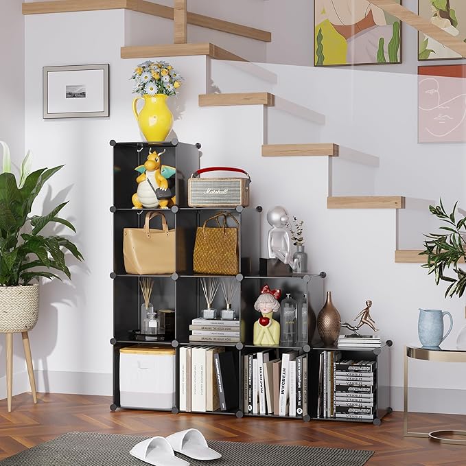 C&AHOME Cube Storage, 9-Cube Bookshelf, Plastic Closet Cabinet Organizer, DIY Stackable Bookcase, Modular Shelving Units Ideal for Home, Office, Kids Room, 36.6" L x 12.4" W x 48.4" H Black SHS3009A
