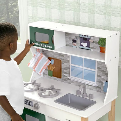 Delta Children Tiny Chef Play Kitchen - Toy Kitchen Playset with Realistic Knobs That Turn/Click, Oven, Sink, Microwave and 15 Pieces of Play Food, Green