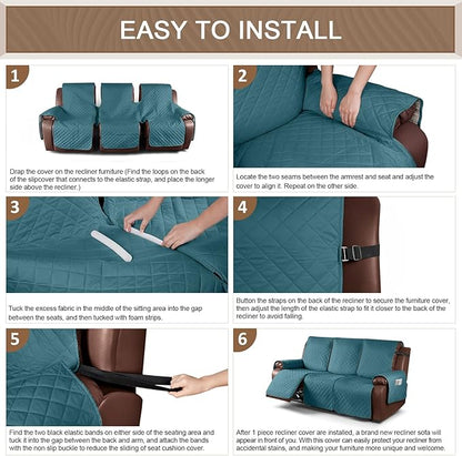 KinCam Waterproof Recliner Sofa Cover, Non-Slip Reclining Couch Covers for 3 Seat, Recliner Couch Cover Furniture Protector with Elastic Straps for Pets, Kids, Peacock Blue