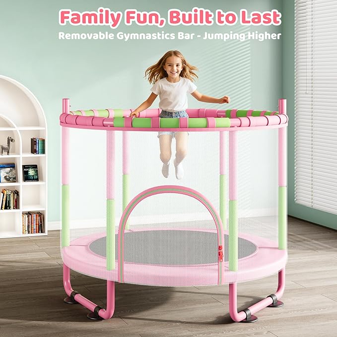 Yohood 55" Trampoline for Kids with Enclosure, 6-in-1 Toddler Trampoline Indoor Outdoor, Upgrade Full Anti-Rust Tube with Adjustable Gymnastics Bars for Boys Girls