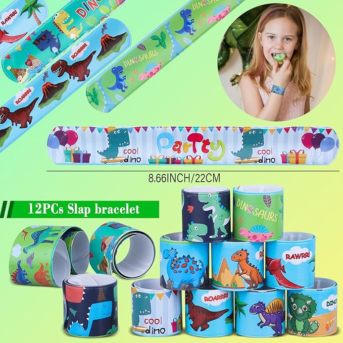 120Pcs Dinosaur Party Favors Dinosaur Birthday Party Supplies Dinosaur Stamps Slap Bracelets Keychains Rings Stickers Temporary Tattoos Bookmarks for Kids Dinosaur Pinata Bags Fillers Classroom Prizes