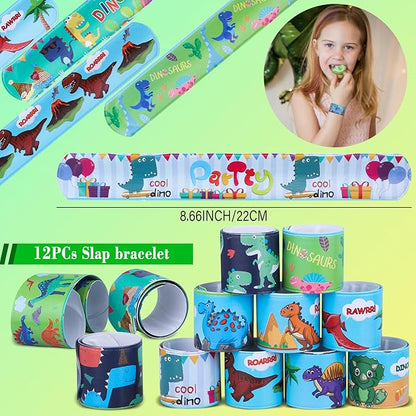 120Pcs Dinosaur Party Favors Dinosaur Birthday Party Supplies Dinosaur Stamps Slap Bracelets Keychains Rings Stickers Temporary Tattoos Bookmarks for Kids Dinosaur Pinata Bags Fillers Classroom Prizes