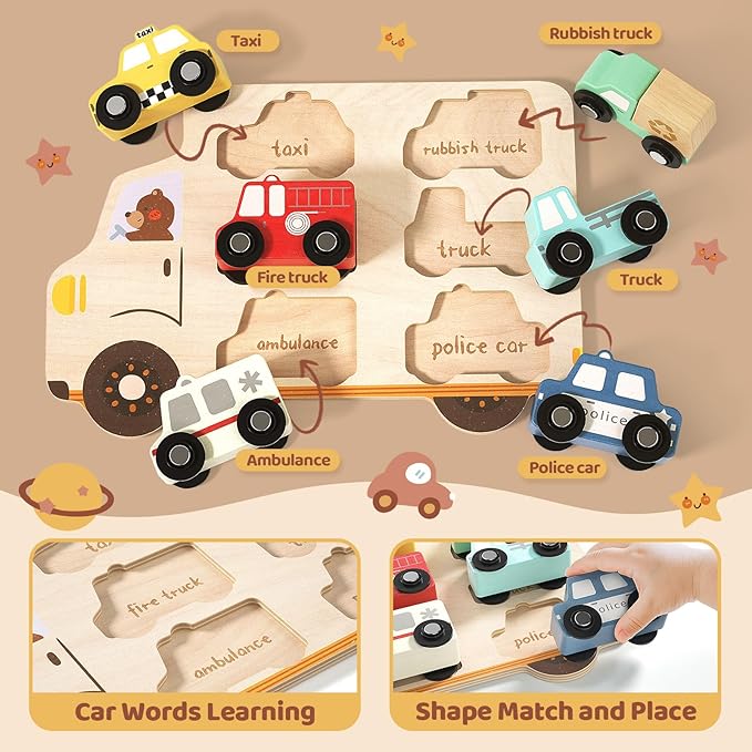 AIGIMU Wooden Toddler Puzzles,Montessori Puzzle for Toddlers 1-3,Montessori Toys for 1 2 3 Years Old Boys Girls Educational Toys with 6 Emergency and City Vehicles,Wooden Toy Cars for Toddler 1-3
