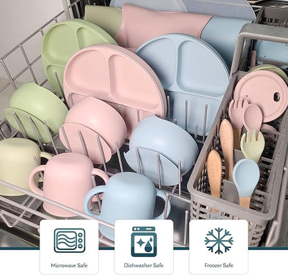 Baby Self Feeding All Natural Beech Wood Fork and Spoon Set - BPA Free, Toddler Tableware, Suitable For Stage 1 Babies - Soft Curved Food Grade Silicone Head (Magic Mint)