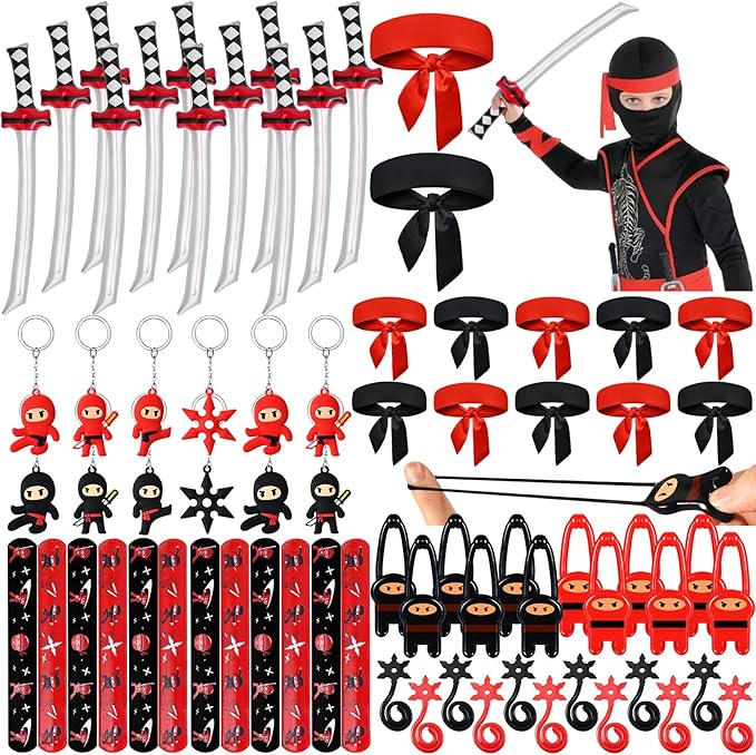 Lorfancy 72 Pcs Ninja Party Favors Supplies Kids Ninja Toys Headbands Slap Bracelets Stickers Keychains Accessories Boys Ninja Samurai Birthday Party Decorations Goodie Bag Fillers Gifts