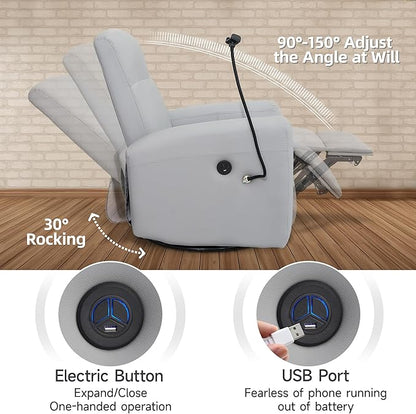 Power Swivel Glider Chair Nursery, Swivel Rocker Recliner with USB Ports, Rocking Chair with Microfiber Leather, Waterproof, Living Room, Nursery - Grey