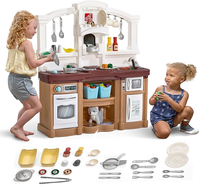 Step2 Fun with Friends Kids Kitchen Playset, Indoor/Outdoor Kitchenette, Interactive Play with Lights and Sounds, Durable Plastic, Includes 25 Piece Toy Accessories, Toddlers 2+ Years Old, Tan
