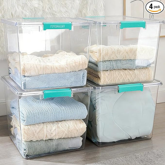 Vtopmart 4 Pack 72 QT Crystal Clear Storage Bins with Lids, 4 Pack Stackable Plastic Large Latching Boxes Totes Tubs Container for Closet Organizers and Storage, Bedroom, Clothes, Bedding