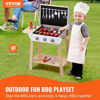 VEVOR Wooden Play Barbecue Toy Grill, Kids Grill Playset with Play Food and Grilling Tools, Wooden Play Food Kitchen Accessory (21 PCS), Pretend Play Cooking Toy for Toddlers Boys Girls Age 3+ Gift