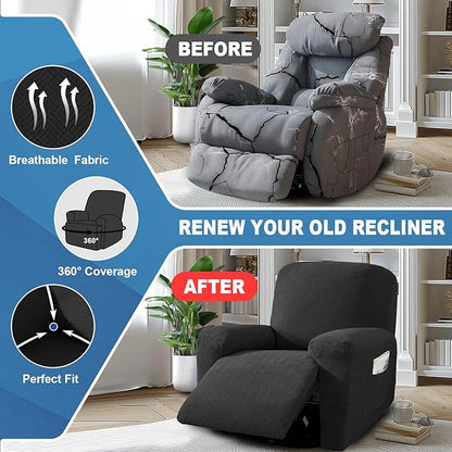 JIVINER 3 Piece Recliner Chair Cover Stretch Lazy Boy Non Slip Covers for Recliner with Pockets Soft Jacquard Reclining Sofa Slipcovers Furniture Protector with Elastic Bottom (1 Seater, Black)