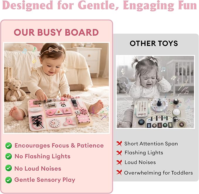 Montessori Busy Board for Baby & Toddlers 1-3 - Wooden Sensory Activity Board with 13 Activities, Real Metal Locks & Latches - Fine Motor Skills Educational Toy for 1 2 3 Year Old - Travel Friendly