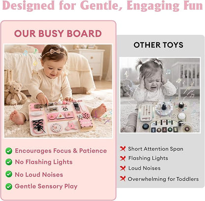 Montessori Busy Board for Baby & Toddlers 1-3 - Wooden Sensory Activity Board with 13 Activities, Real Metal Locks & Latches - Fine Motor Skills Educational Toy for 1 2 3 Year Old - Travel Friendly
