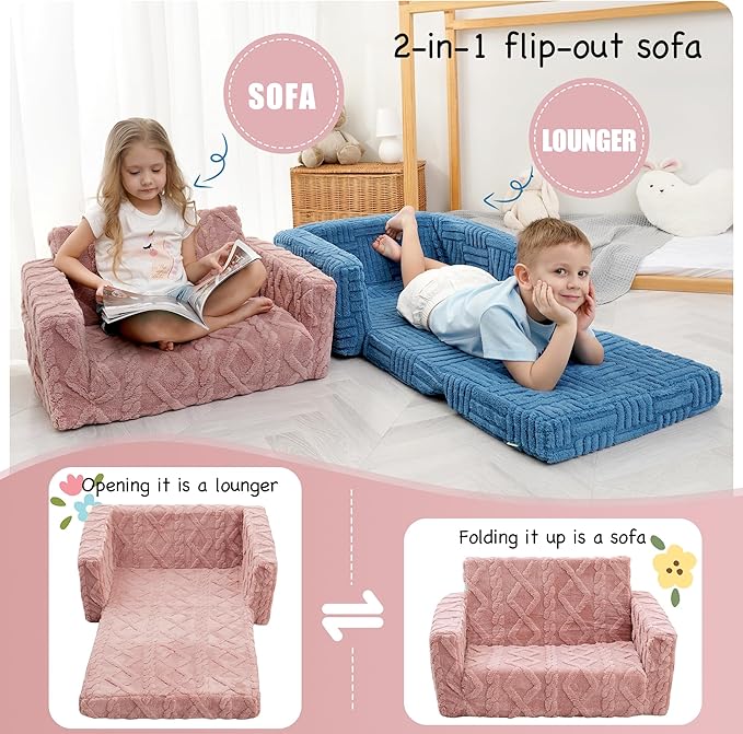Kids Sofa, Toddler Chair, 2-in-1 Flannel Kids Fold Out Couch, Toddler Convertible Sofa to Lounger, Flip Open Toddler Couch for Kids (Pink)