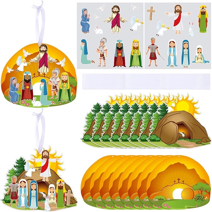 Civaner Make an Easter He Lives Sticker Scenes Religious Easter Stickers Craft Kit for Kids Resurrection Stickers Tree Ornaments Office Christian Jesus Stickers He is Risen Hanging DIY Art(16 Sets)
