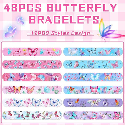 48 Pcs Butterfly Slap Bracelets Wristbands Toys Birthday Party Favors Kids Bracelets Snap Bands for Girls Butterfly Theme Birthday Party Decorations Supplies Class Prize Exchanging Gift, 12 Styles