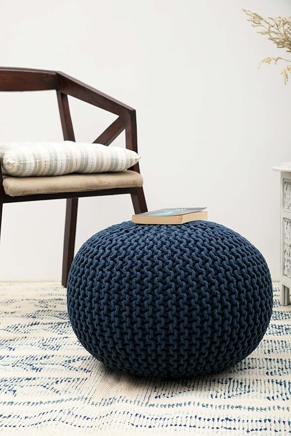 COTTON CRAFT - Hand Knitted Cable Style Dori Pouf - Blue - Floor Ottoman - Cotton Braid Cord - Handmade & Hand Stitched - Truly one of a Kind Seating - 20 Dia x 14 High