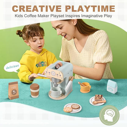 Kids Wooden Coffee Maker Toy, Wooden Play Kitchen Appliances & Accessories Toy for Kids Toddlers, Gift for Girls Boys