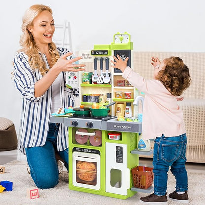 HOLYFUN Kids Kitchen Playset, Pretend Play Kitchen with Sounds and Lights, Cooking Stove Steam,Play Sink and Play Food,Toy Kitchen Set for Kids Toddlers, Green