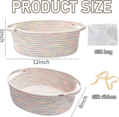 JMvicyroam Woven Basket,Small Rope Storage Bin with Handles & Ribbon Bag, Organizer for Shelves Closets,Gift Basket Empty for Birthday,Books,Dog Toys, Colorful
