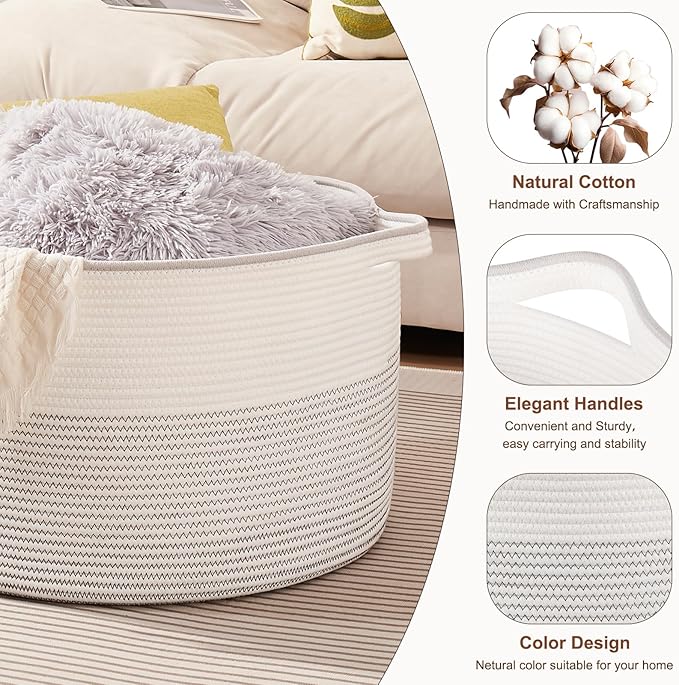 OIASKET Large Blanket Basket with Handles, 22.8" x 22.8" x 13" Woven Storage Basket for Living Room, Cotton Rope Baby Toy Storage for Clothes, Pillows, Towels-Black and White