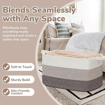 Goodpick Large Woven Storage Basket, 21.6"x14.9"x11.8", Blanket Storage for Bedroom and Living Room, Rectangle Rope Baskets for Storage, White Brown