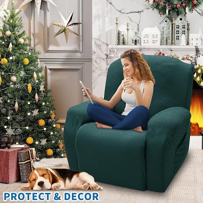 XINEAGE 4 Pieces Recliner Cover Stretch Jacquard Recliner Chair Covers Soft Recliner Slipcovers with Pocket for Kids and Pets, Washable Couch Cover (Recliner, Blackish Green)