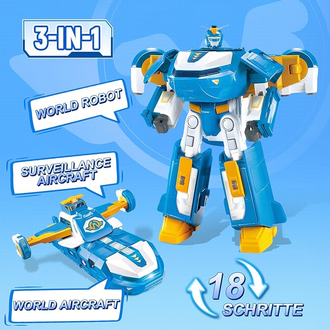 Super Wings 3-in-1 World Aircraft Transforming Robot with Light and Sound Effects, with a 2‘’ Transformable Robot Jett, Transformable Toy Role Play Toys for Kids, Gifts for Boys & Girls Age 3+ Blue
