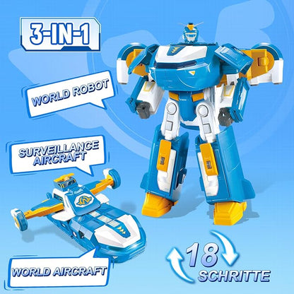 Super Wings 3-in-1 World Aircraft Transforming Robot with Light and Sound Effects, with a 2‘’ Transformable Robot Jett, Transformable Toy Role Play Toys for Kids, Gifts for Boys & Girls Age 3+ Blue