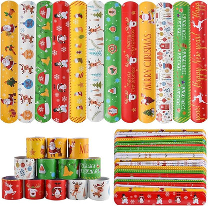 48PCS Christmas Slap Bracelets bulk ，holiday christmas slap bracelet trinkets for kids school class classroom students ，goody goodies bag stocking stuffers gifts toys xmas Favor gift