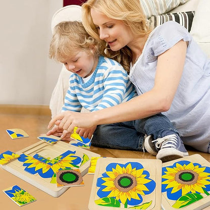 Montessori Wooden Puzzles for Kids Ages 4-8, 4 Layer Life Cycle of Sunflower Jigsaw Puzzle for Toddlers, Children Preschool Learning Educational Puzzles Toys for Boys and Girls (Sunflower)