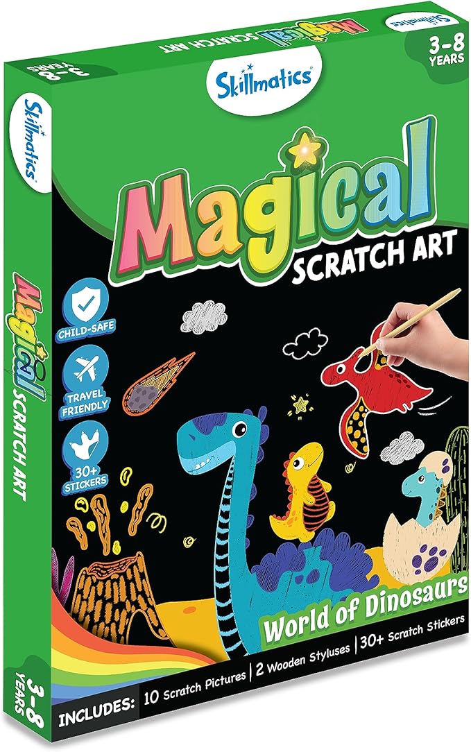 Skillmatics Magical Scratch Art Book for Kids - Dinosaurs, Craft Kits & Supplies, DIY Activity & Stickers, Gifts for Toddlers, Girls & Boys Ages 3, 4, 5, 6, 7, 8, Travel Toys