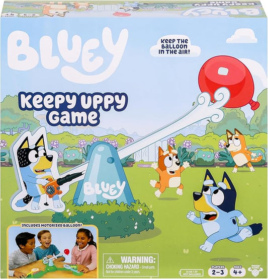 Bluey Keepy Uppy Game. Help, Bingo, and Chilli Keep The Motorized Balloon in The Air with The Character Paddles for 2-3 Players. Ages 4+