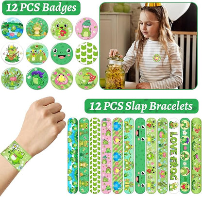 110 PCS Frog Party Favors, Frog Temporary Tattoos Slap Bracelets Keychains Stickers Badges Gift Bags for Frog Birthday Party Decorations Supplies Gifts for Kids Classroom Rewards Baby Shower