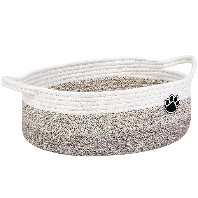Optish Dog Toy Easter Basket, Toy Box and Bin for Dog Cat Storage, 13.5" X 11" X 5" Small Woven Rope Basket for Baby Storage, Closet, Living Room, White & Brown