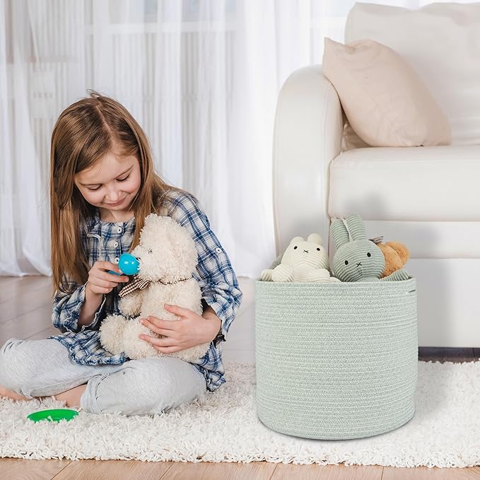 XUANGUO Cotton Rope Baskets For Girls Boys Kids 16”X14” Baby Laundry Basket Nursery Bin Round Woven Basket Organizer For Storage Toys Blankets Shoes Clothes light green