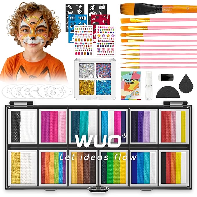 WUO Professional Face Painting Kit for Kids Adults, 12x10g+4 Colors Split Cake Palette with Stencils Sponge, Non-Toxic Water-Activated Rainbow Body Face Paint Makeup for Halloween Christmas Partie