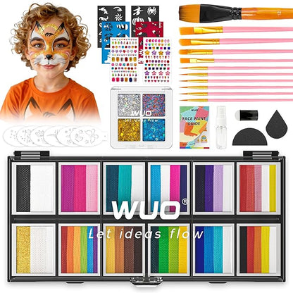 WUO Professional Face Painting Kit for Kids Adults, 12x10g+4 Colors Split Cake Palette with Stencils Sponge, Non-Toxic Water-Activated Rainbow Body Face Paint Makeup for Halloween Christmas Partie