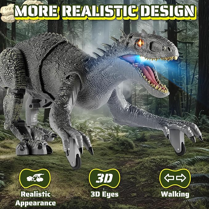 Remote Control Dinosaur, Realistic Dinosaur Toys for Kids 3-5, 2.4GHZ, Walking,Rechargeable, 3D Eyes, 3 Sound Effects, Demo Function, Jurassic Toys for Christmas, Kids 3+，Gray, Large Size