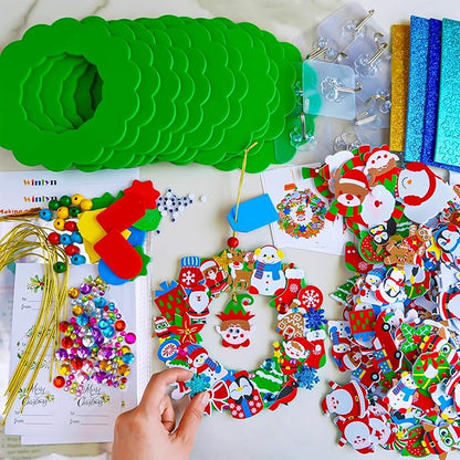 Winlyn 12 Sets Christmas Craft Kits Holiday Crafts DIY Christmas Wreath Ornaments Decorations Art Sets Xmas Snowmen Snowflake Festive Winter Foam Stickers Arts and Crafts for Kids Classroom Activities