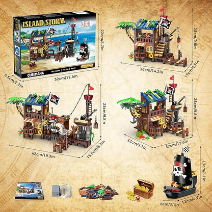 3 Style Pirate Ship Wharf Building Toy with LED Light - 781PCS Medieval Pirate's House Building Block Set, Architecture Bricks Kit for Kids Girls Boys Ages 6-12+ Birthday Gifts
