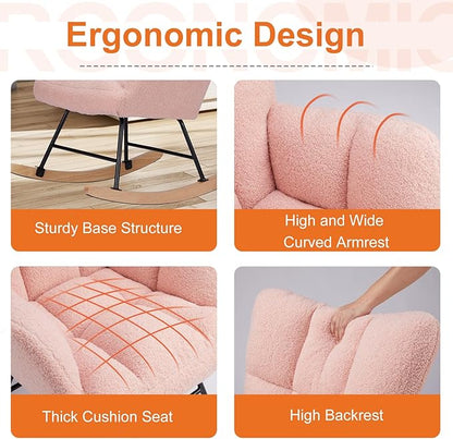 Sweetcrispy Rocking Chair Nursery, Teddy Upholstered Glider Rocker with High Backrest, Reading Chair Modern Rocking Accent Chairs Glider Recliner for Living Room, Nursery, Bedroom