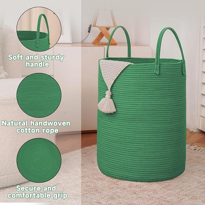 JMvicyroam Large Woven Laundry Basket Hamper,100L Cotton Rope Storage Bin for Blankets,Toys and Clothes,Decorative Tall Nursery Hamper for Living Room,Baby Nursery,Bathroom and Bedroom,Dark Green