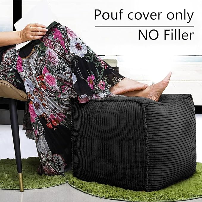 Louis Donné Unstuffed Pouf Ottoman Cover for Storage Black Square Poofy Ottomans Foot stool for Living Room Floor Cushion, Premium Corduroy Fabric, Footrest for Couch and Single Sofa 17.7"(Only Cover)