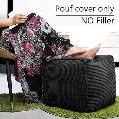 Louis Donné Unstuffed Pouf Ottoman Cover for Storage Black Square Poofy Ottomans Foot stool for Living Room Floor Cushion, Premium Corduroy Fabric, Footrest for Couch and Single Sofa 17.7"(Only Cover)